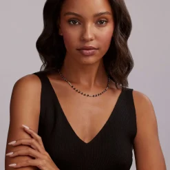 Cheap Black Ceramic Beaded Necklace Silver