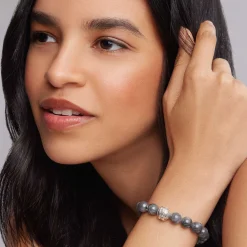 Flash Sale Black Jade Silver Station Bead Bracelet Gemstones