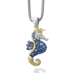 New Blue Sapphire And Diamond Seahorse Pendant Necklace Two-Tone