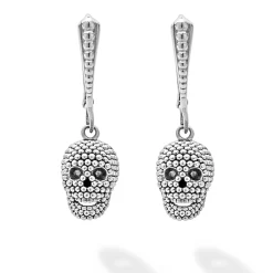 Clearance Caviar Beaded Skull Drop Earrings Silver