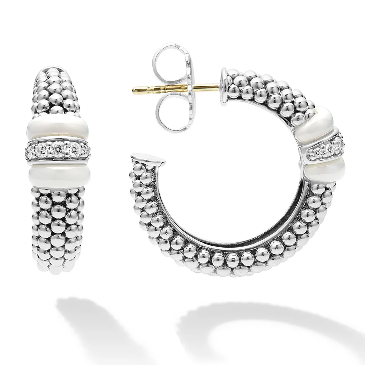 Shop Ceramic Caviar Diamond Hoop Earrings Silver