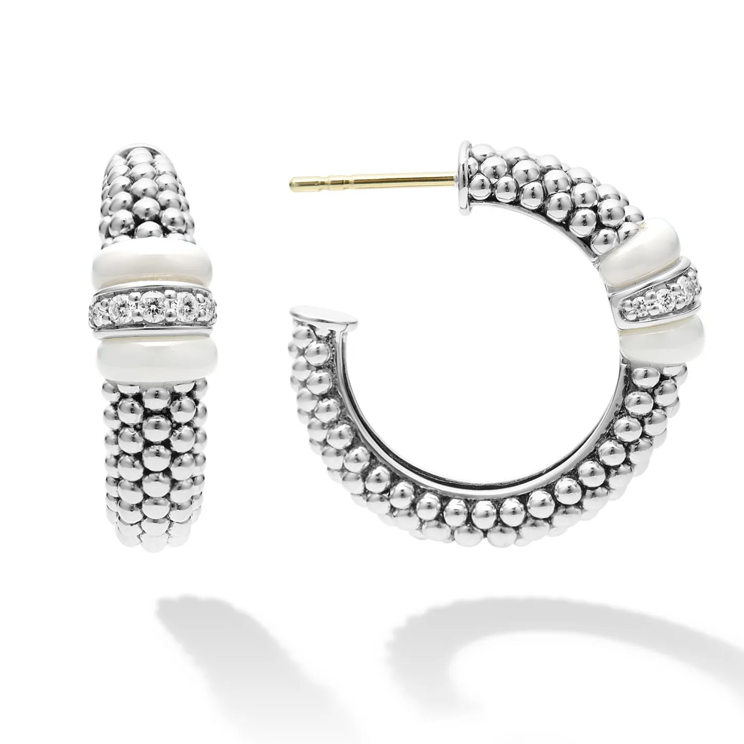 Shop Ceramic Caviar Diamond Hoop Earrings Silver