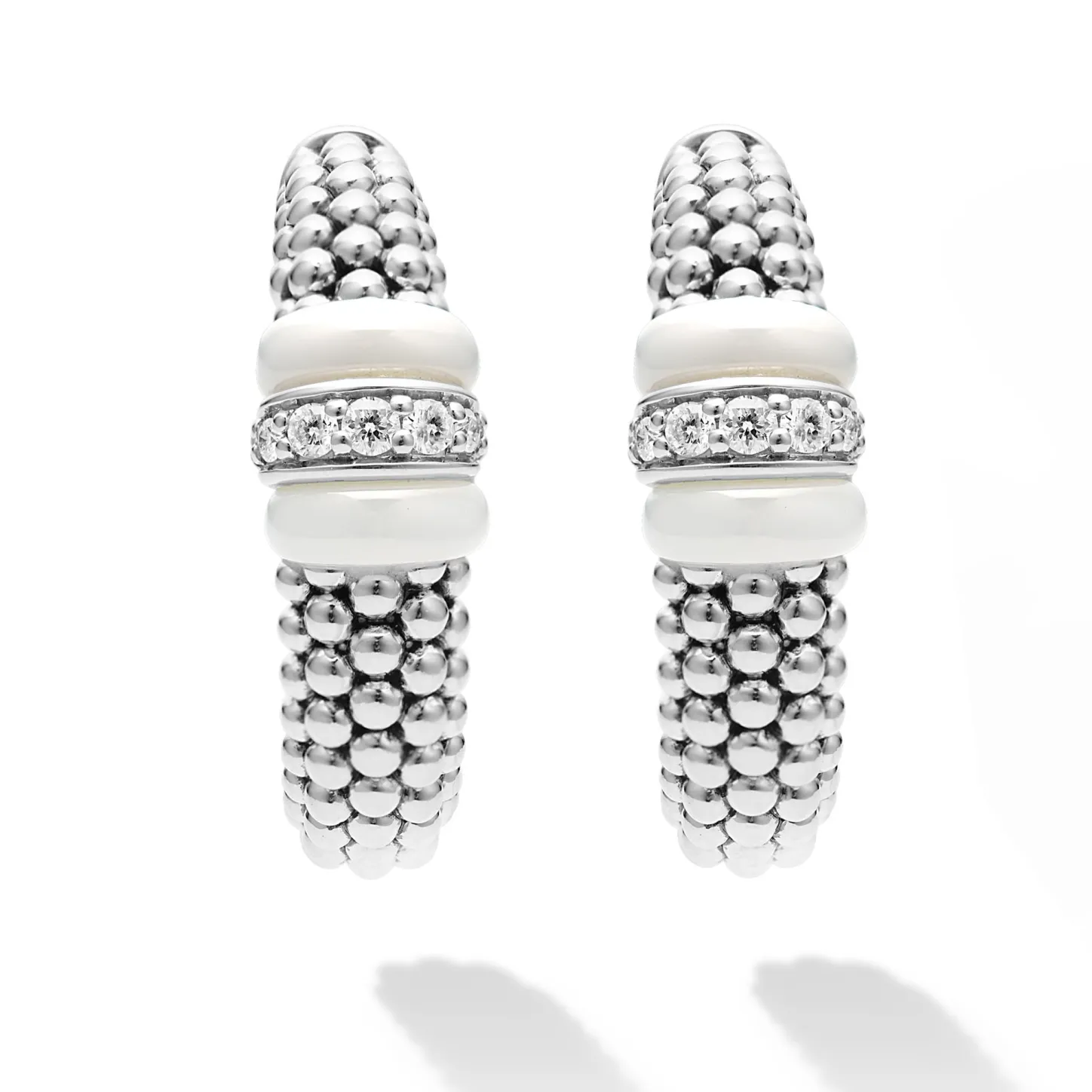 Shop Ceramic Caviar Diamond Hoop Earrings Silver