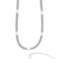 New Ceramic Three Bead Station Caviar Necklace Two-Tone