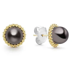 Hot 18K Gold Tahitian Black Pearl Stud Earrings Two-Tone