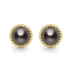 Hot 18K Gold Tahitian Black Pearl Stud Earrings Two-Tone