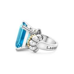 Clearance Large Emerald-Cut Swiss Blue Topaz Ring Two-Tone