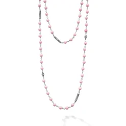 Hot Long Pink Ceramic Beaded Necklace Silver