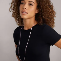 Hot Long Pink Ceramic Beaded Necklace Silver