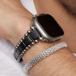 Sale Matte Black Ceramic And Caviar Beaded Skull Bracelet Gift Set Silver