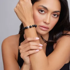 Cheap Onyx Silver Station Bead Bracelet Gemstones