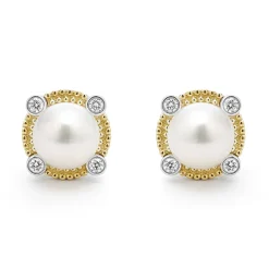 Clearance Pearl Diamond Stud Earrings Two-Tone