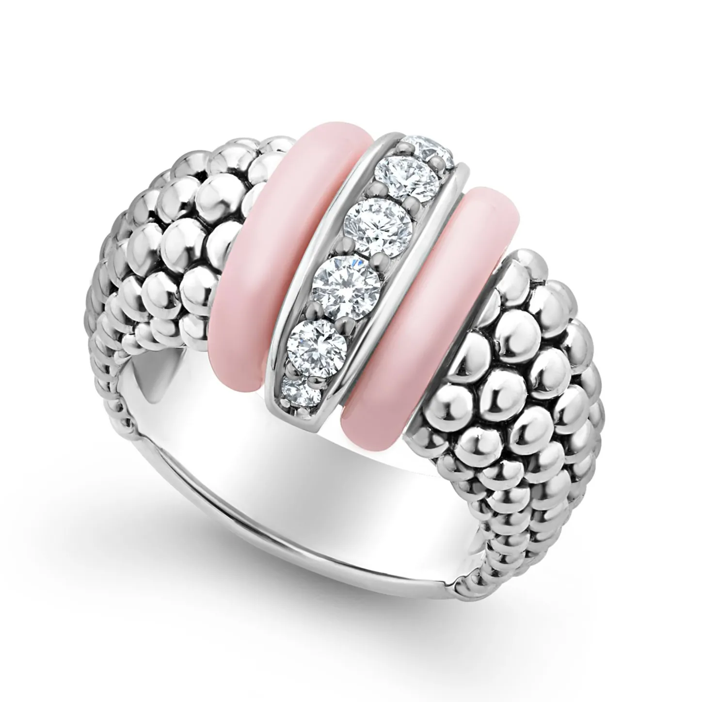 Fashion Pink Ceramic Caviar Diamond Ring Silver