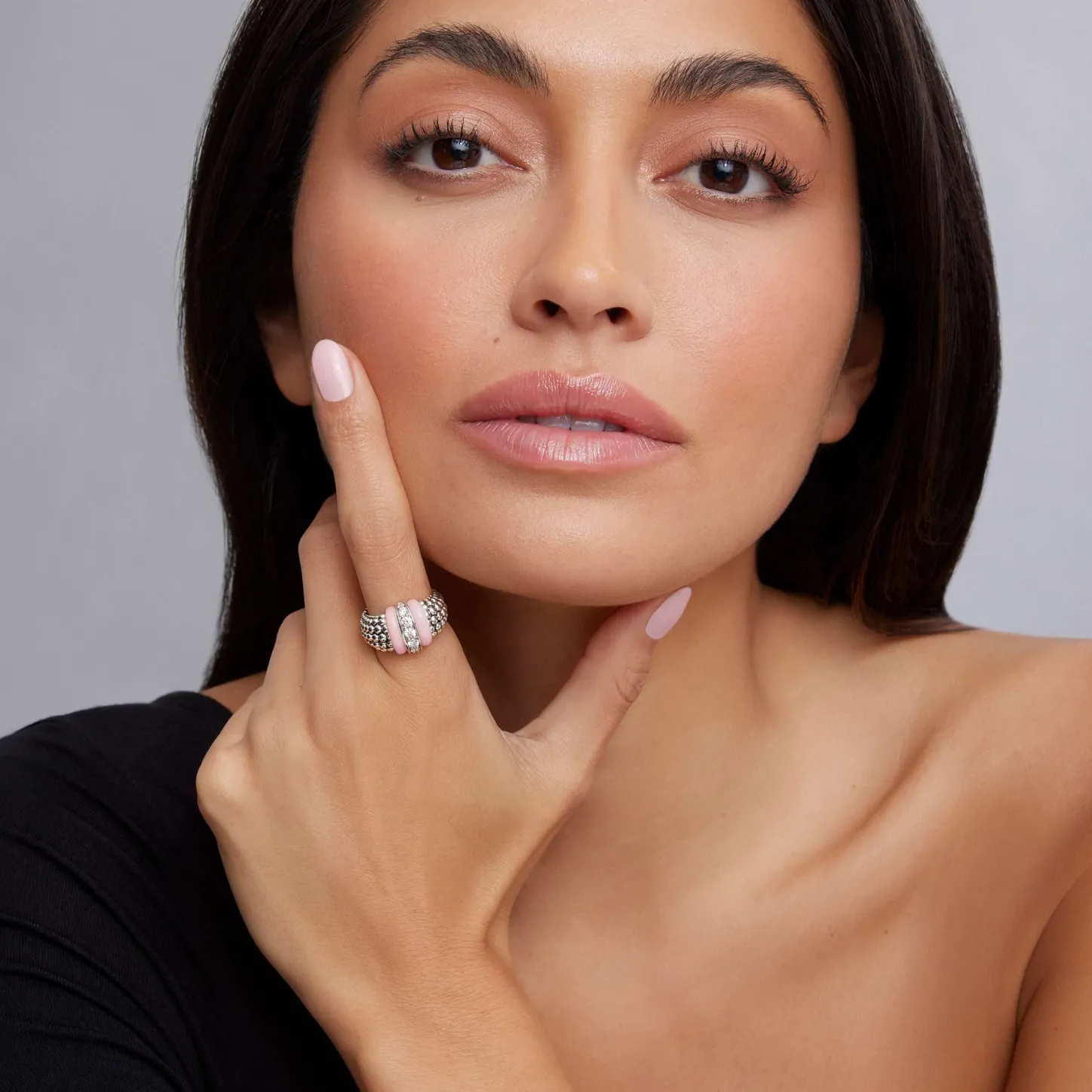 Fashion Pink Ceramic Caviar Diamond Ring Silver