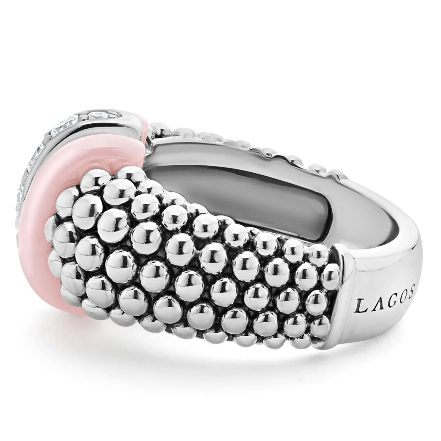 Fashion Pink Ceramic Caviar Diamond Ring Silver