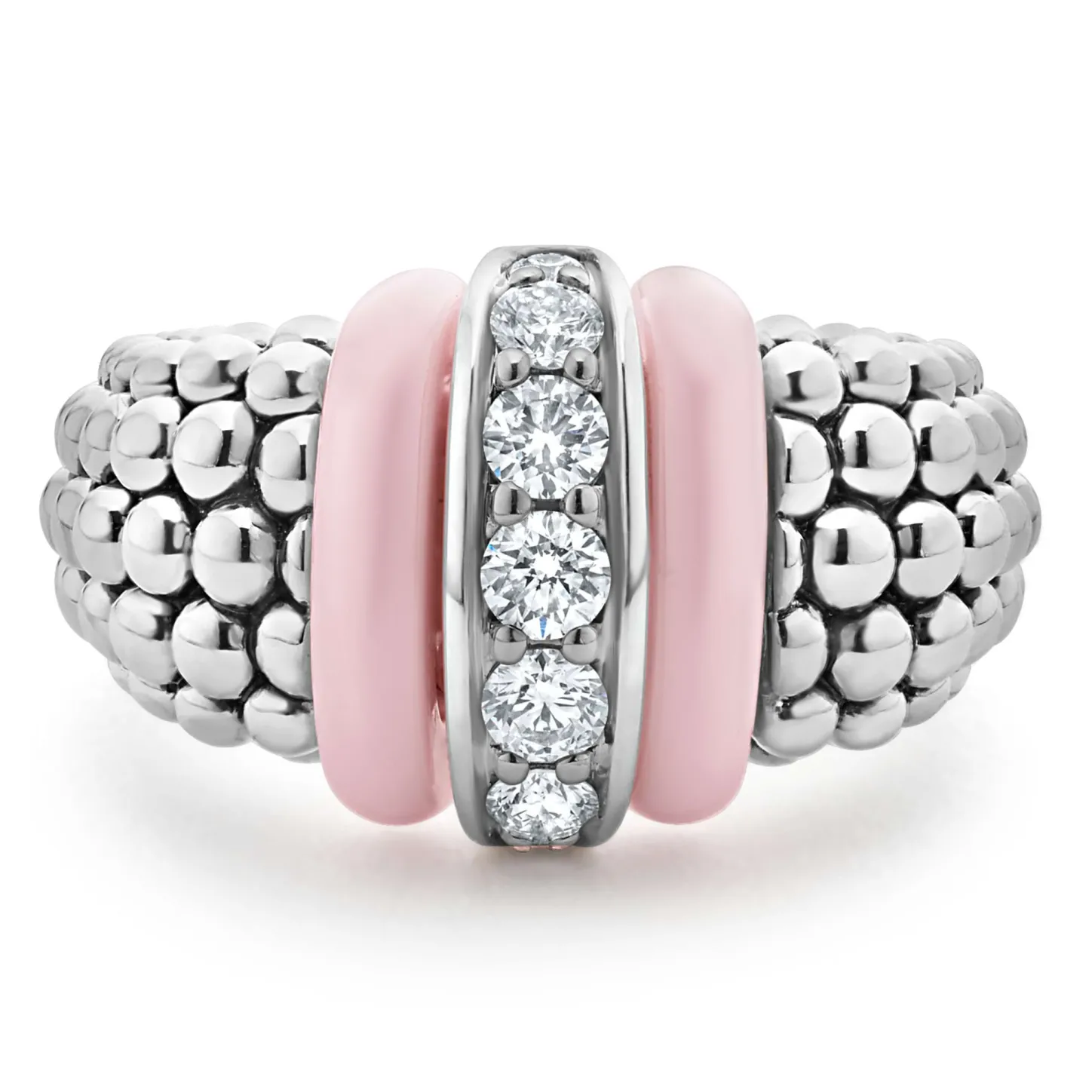 Fashion Pink Ceramic Caviar Diamond Ring Silver