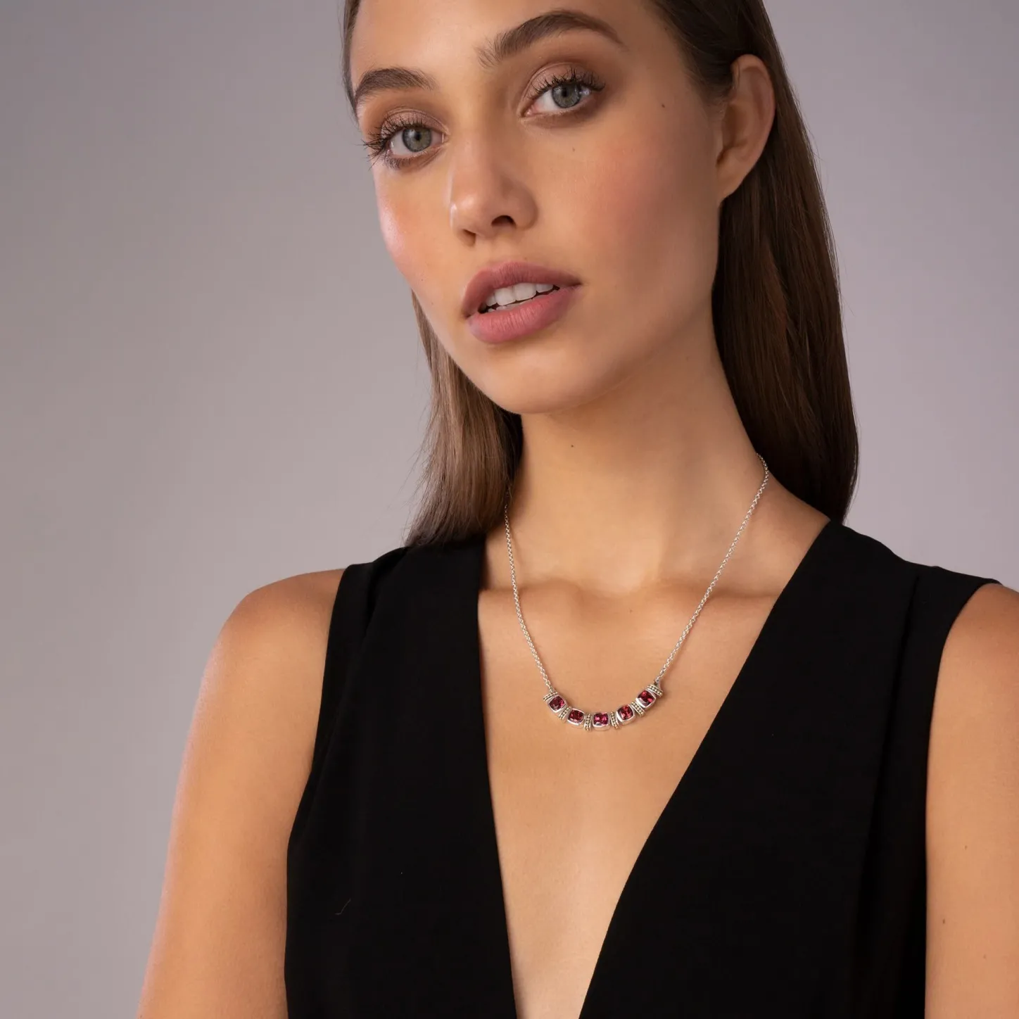 Cheap Rhodolite Garnet Five Station Necklace Gemstones