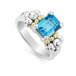 Store Small Emerald-Cut Swiss Blue Topaz Ring Two-Tone