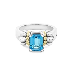 Store Small Emerald-Cut Swiss Blue Topaz Ring Two-Tone