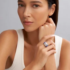 Discount Three Station Ceramic Caviar Diamond Ring Silver