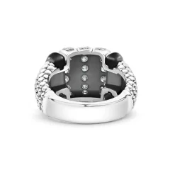 Clearance Three Station Ceramic Caviar Diamond Ring Silver