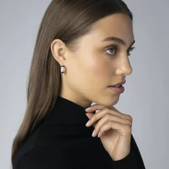 Best Sale Three Station Ceramic Diamond Hoop Earrings Silver