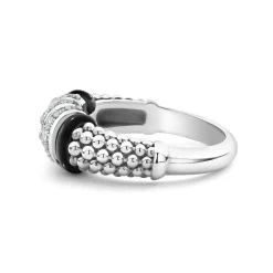 Cheap Three Station Diamond Ceramic Caviar Ring Silver