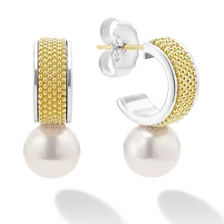 Fashion Two-Tone Pearl Hoop Earrings Two-Tone