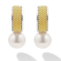 Fashion Two-Tone Pearl Hoop Earrings Two-Tone